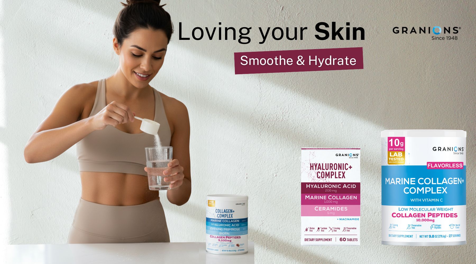 Woman pouring Granions supplement into a glass with product packaging displayed.
