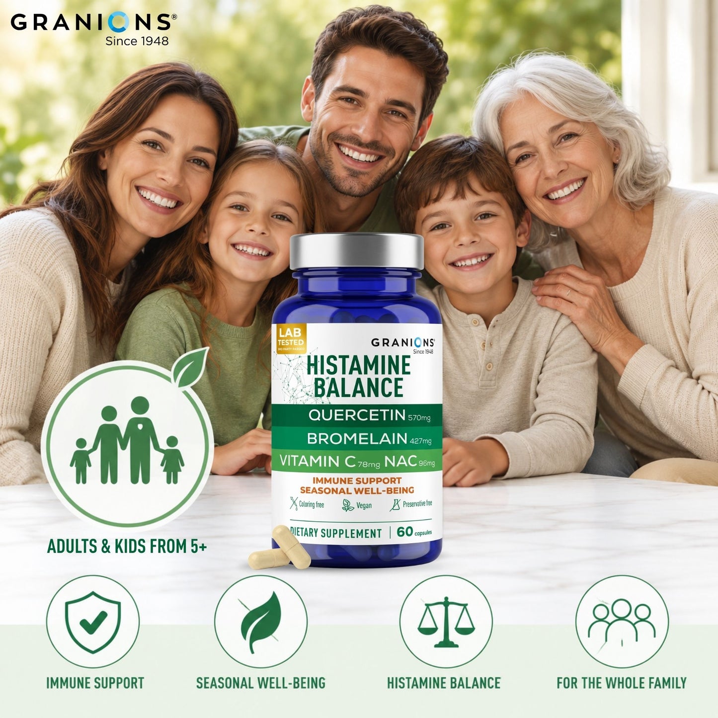 Family of five with a Granions Histamine Balance supplement bottle on a table.