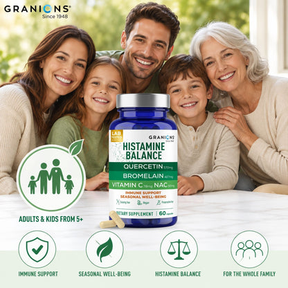 Family of five with a Granions Histamine Balance supplement bottle on a table.