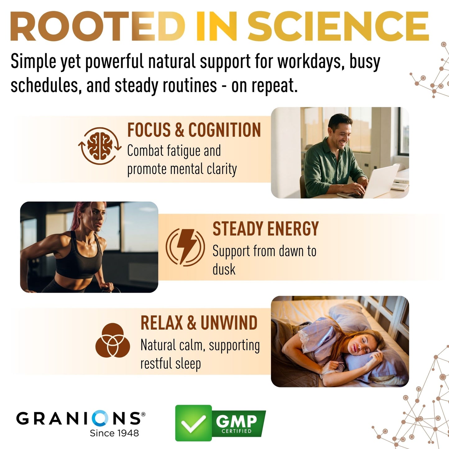 Advertisement for Granions with text on focus, energy, and relaxation, featuring people in various activities.