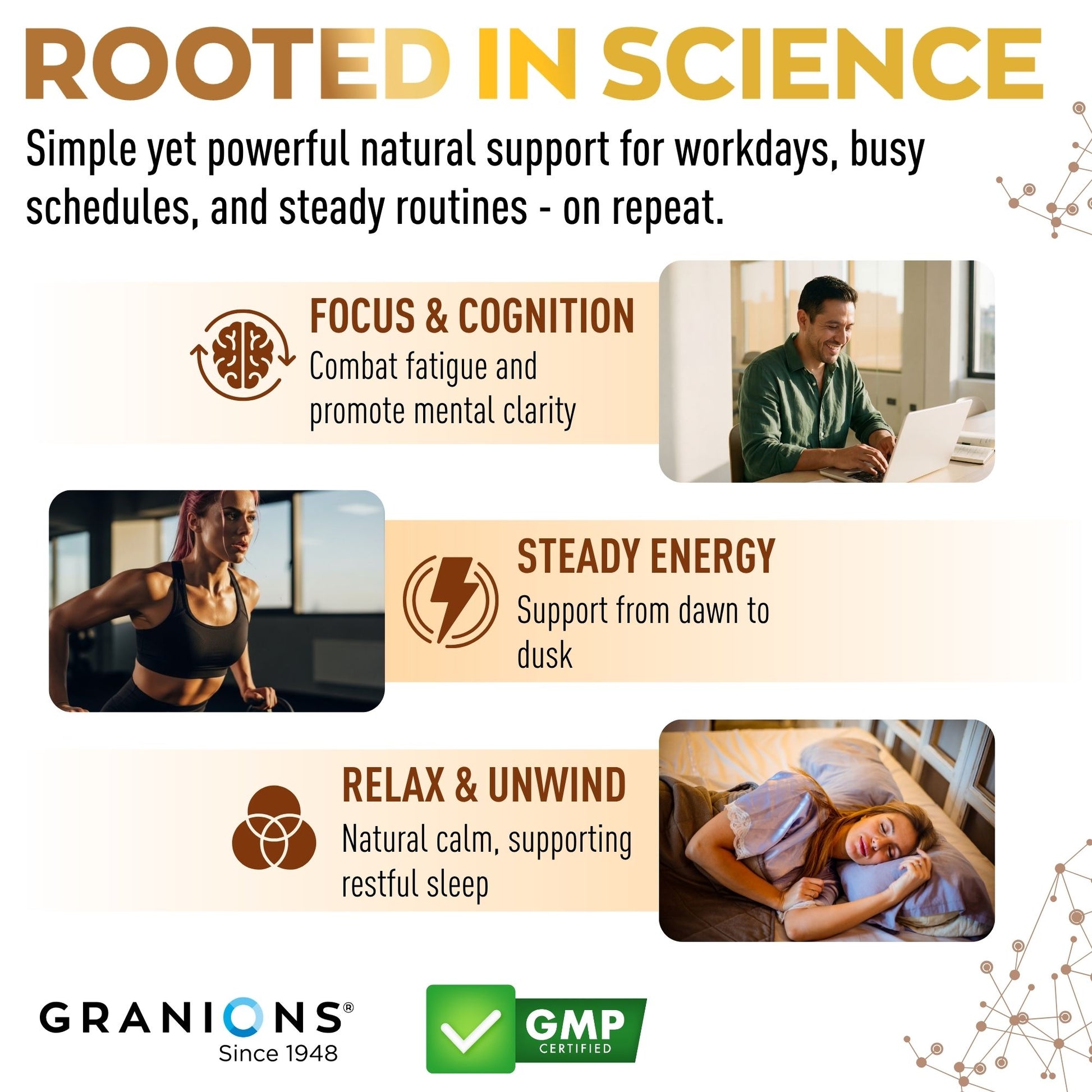 Advertisement for Granions with text on focus, energy, and relaxation, featuring people in various activities.