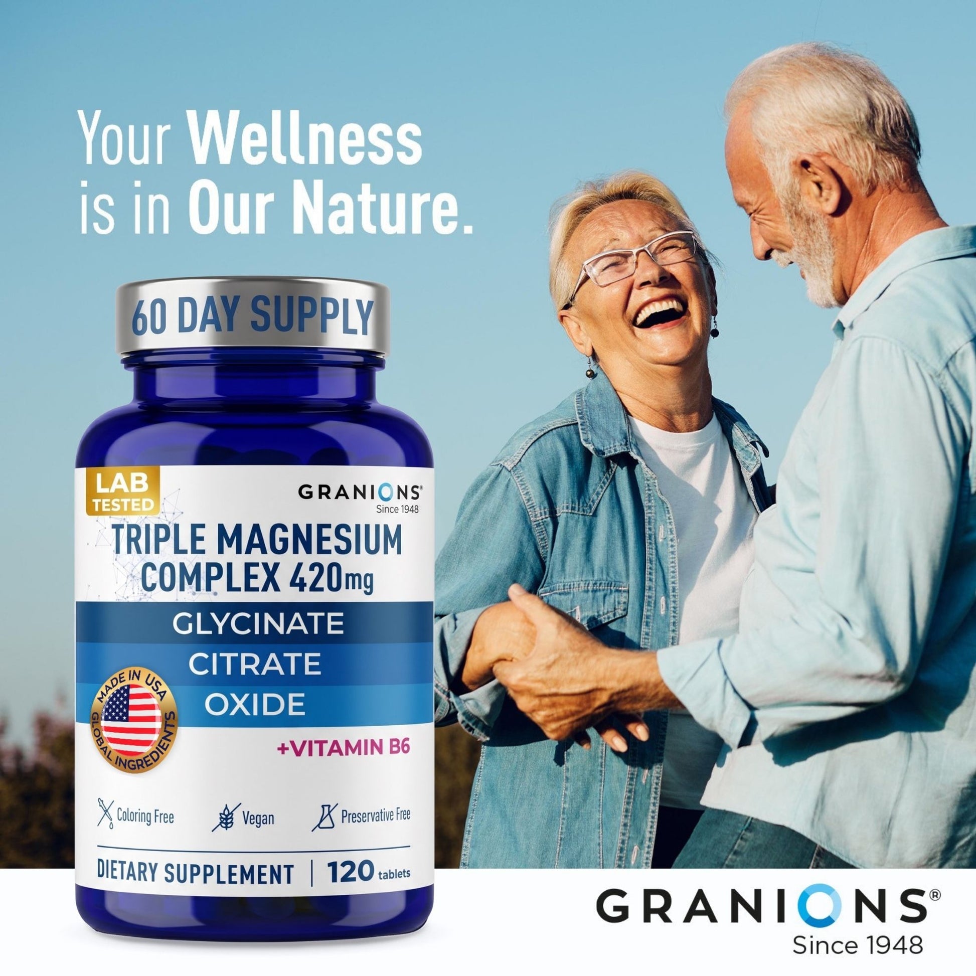 Supplement bottle with Granions branding and text 'Your Wellness is in Our Nature' against a scenic background.