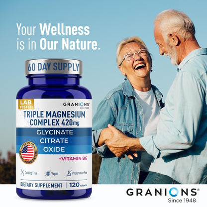 Supplement bottle with Granions branding and text 'Your Wellness is in Our Nature' against a scenic background.