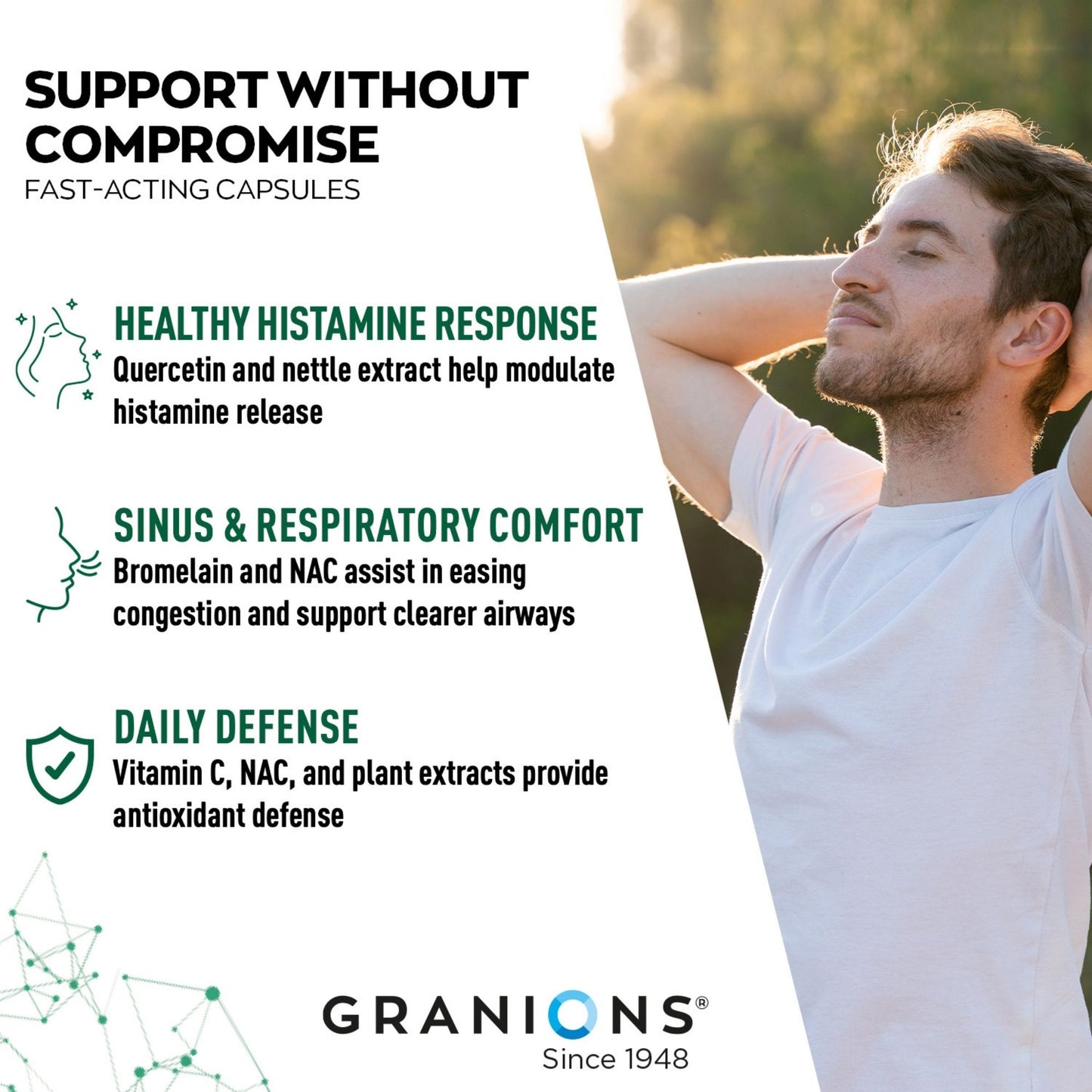 Advertisement for Granions health supplement with a man relaxing outdoors, featuring product benefits and Granions branding.