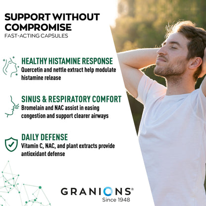 Advertisement for Granions health supplement with a man relaxing outdoors, featuring product benefits and Granions branding.