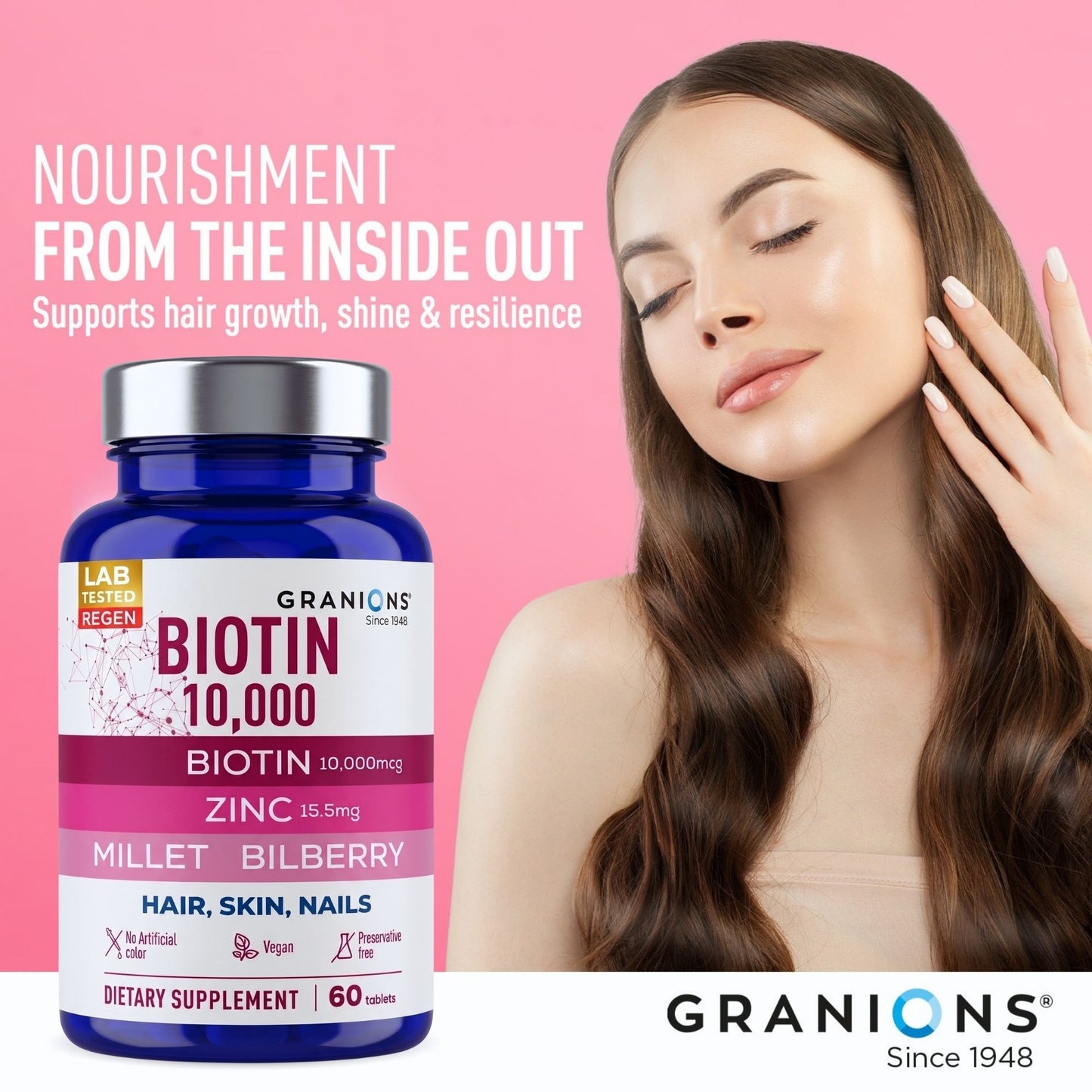 Biotin supplement bottle with a woman touching her hair against a pink background, featuring Granions branding.