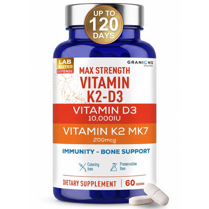 Supplement bottle labeled 'Max Strength Vitamin K2-D3' with claims of immunity and bone support on a white background.