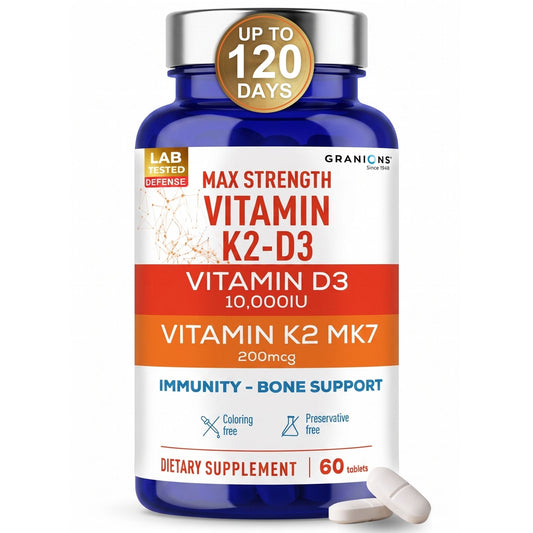 Supplement bottle labeled 'Max Strength Vitamin K2-D3' with claims of immunity and bone support on a white background.