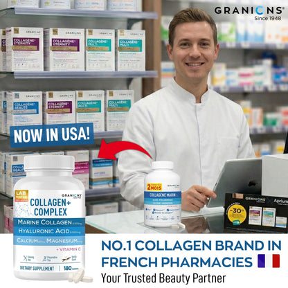 Pharmacist in a pharmacy setting with Granics collagen products displayed.