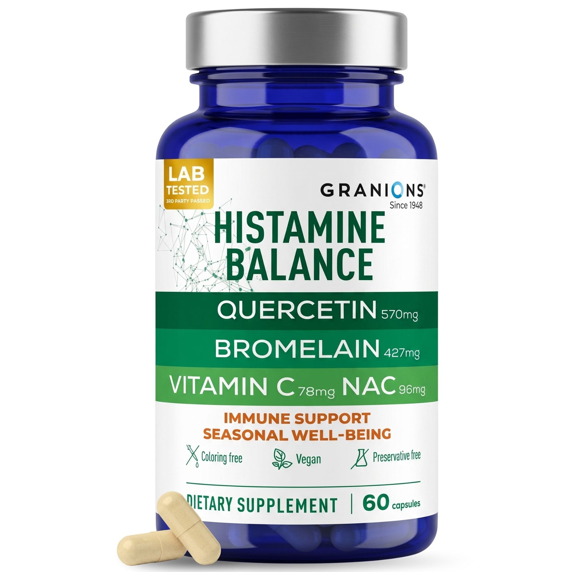 Supplement bottle labeled 'Histamine Balance' with ingredients on a white background