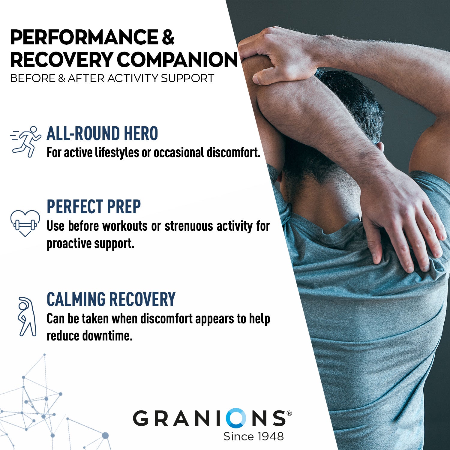Advertisement for Granions performance and recovery companion with a person stretching and text about product uses.