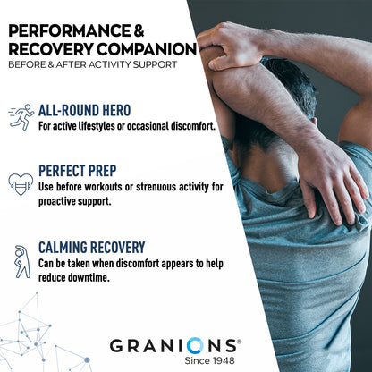 Advertisement for Granions performance and recovery companion with a person stretching and text about product uses.