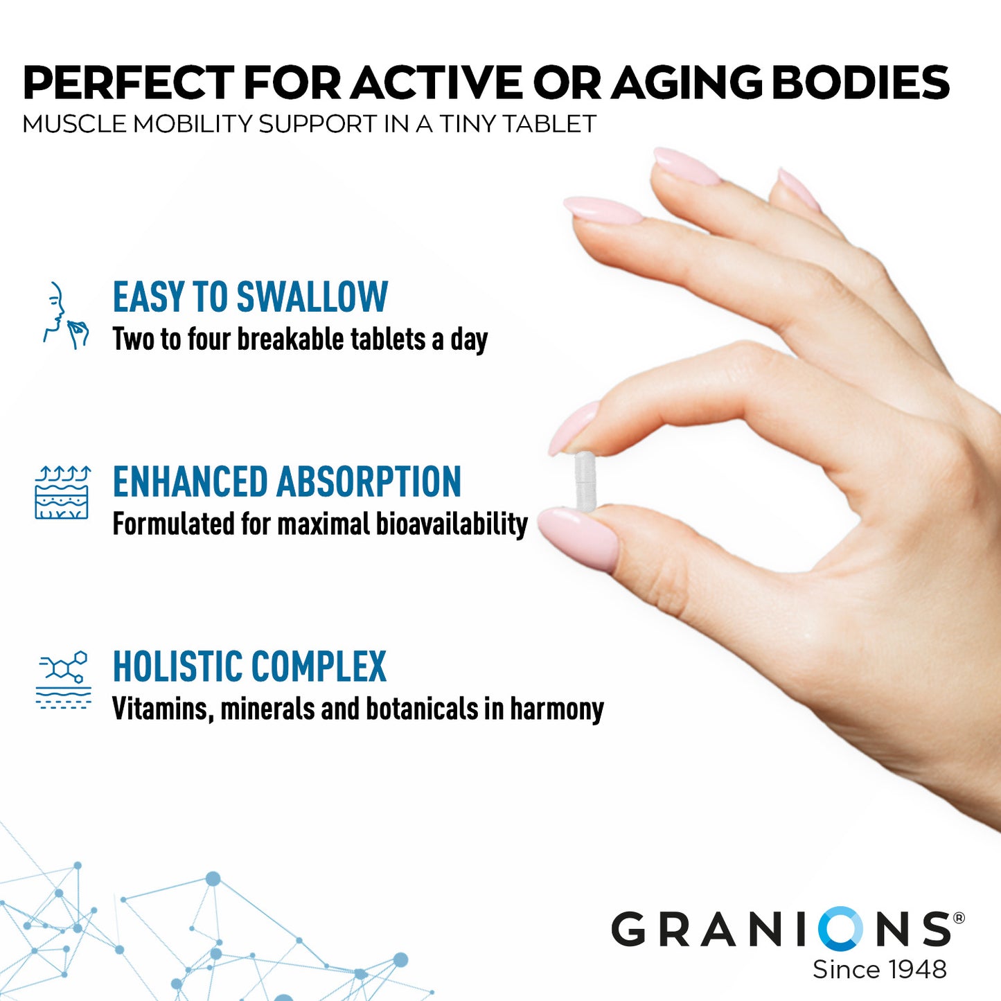 Hand holding a tablet with Granions branding and product features on a white background