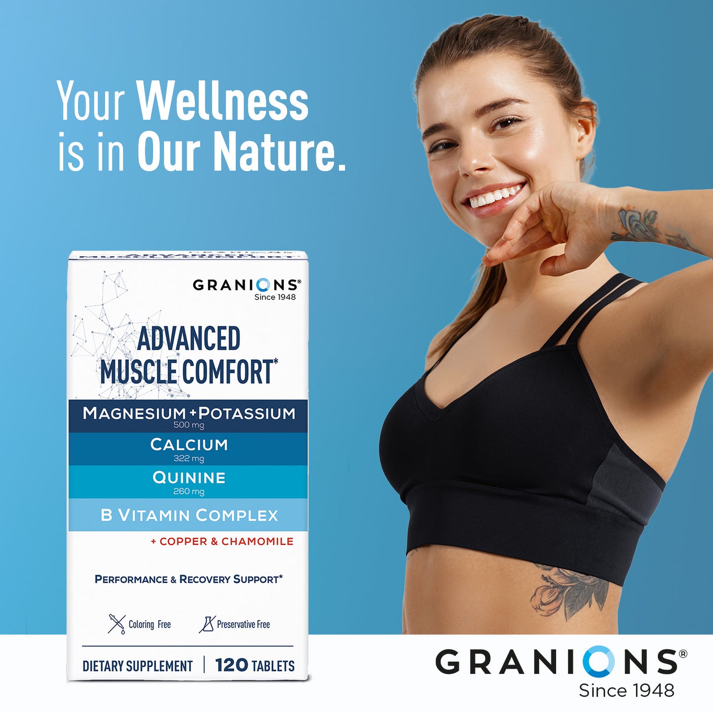 Woman in athletic wear next to Granions Advanced Muscle Comfort supplement box on a blue background