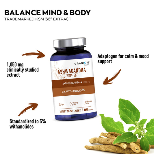 Granions Ashwagandha KSM-66 supplement bottle with plant imagery on a white background