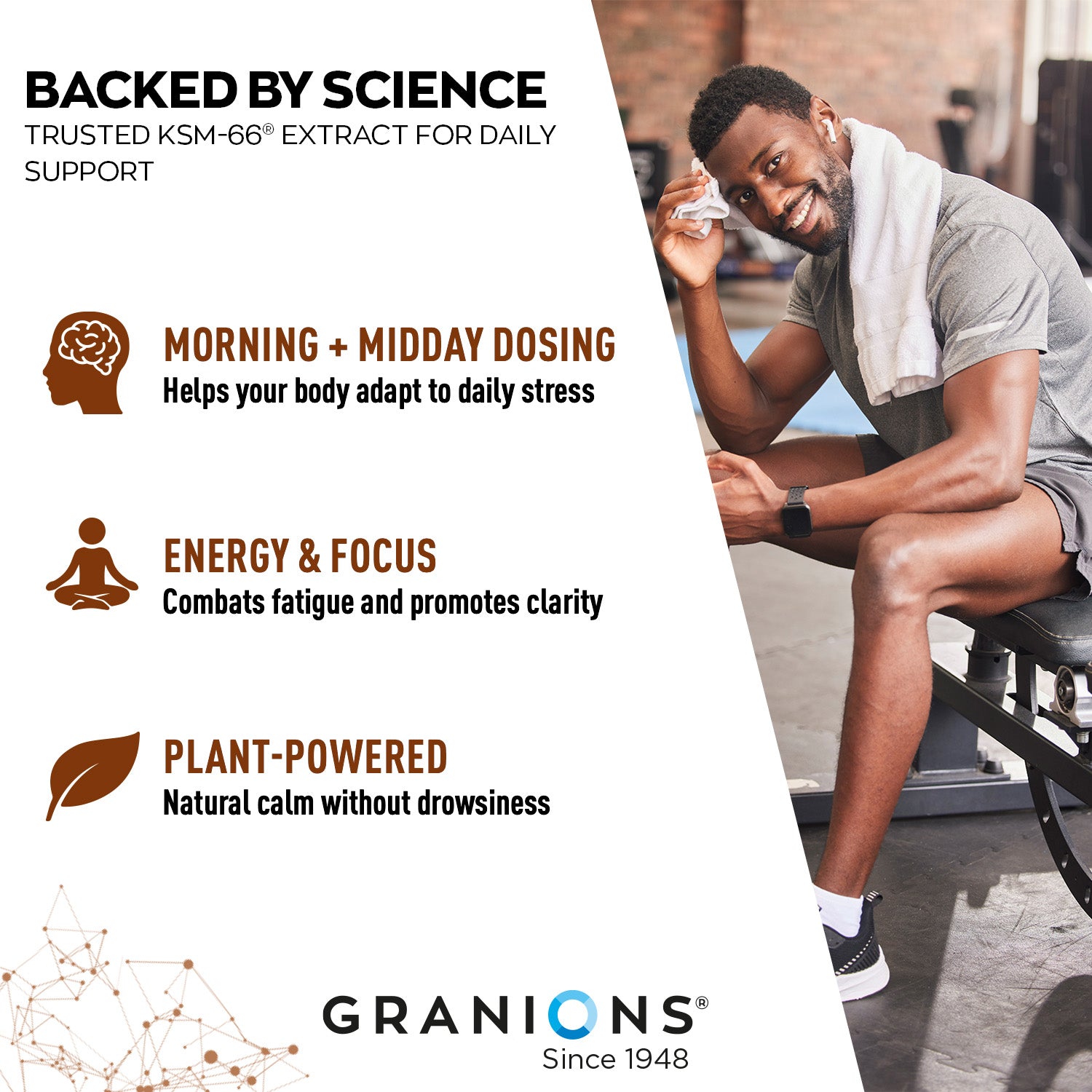 Advertisement for Granions supplement with a man sitting on a bench outdoors, featuring product benefits and branding.