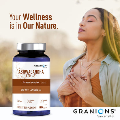 Granions Ashwagandha KSM-66 supplement bottle with a woman in a natural setting, featuring the brand's tagline 'Your Wellness is in Our Nature'.