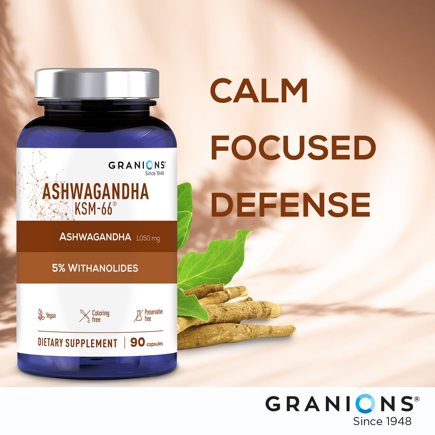 Granions Ashwagandha KSM-66 supplement bottle with text 'Calm Focused Defense' on a warm background