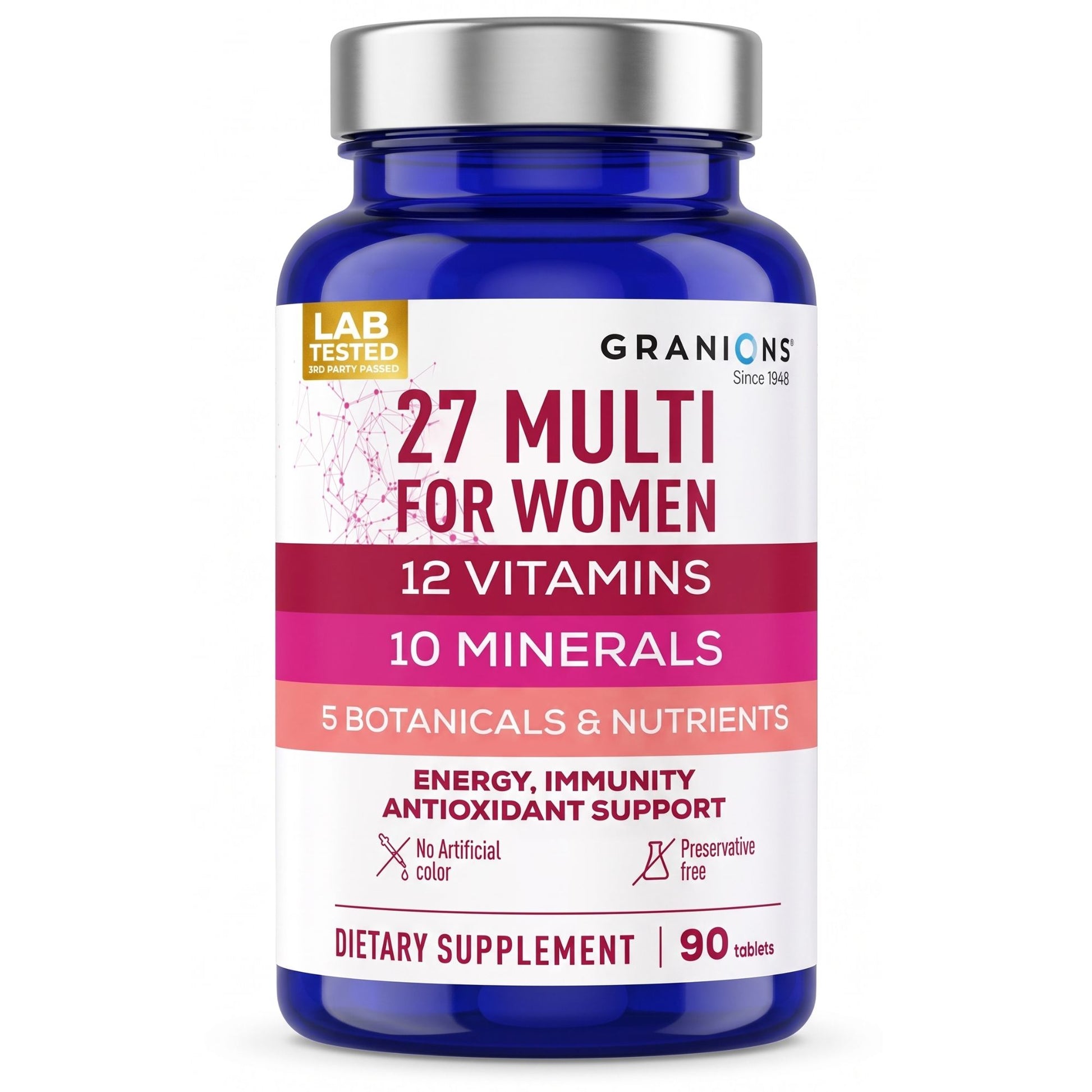 A blue plastic bottle of Granions 27 Multi for Women dietary supplement with a silver cap, on a white background.
