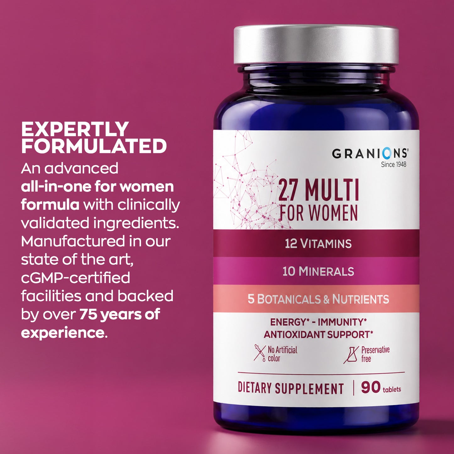 Granions 27 Multi for Women dietary supplement bottle on a magenta background with descriptive marketing text on the left.