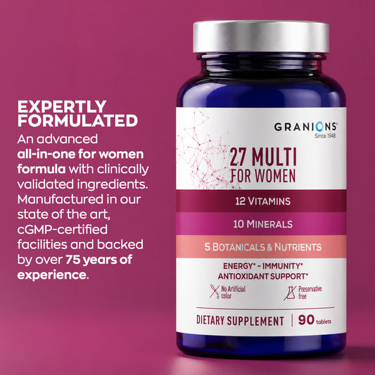Granions 27 Multi for Women dietary supplement bottle on a magenta background with descriptive marketing text on the left.