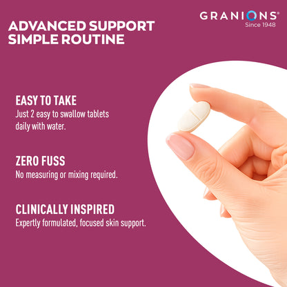 Promotional graphic for Granions Advanced Support Simple Routine, featuring a hand holding a white oval tablet against a white circular cutout on a magenta background with product benefits text.