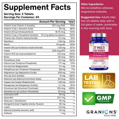 A supplement facts label for Granions Labs Tested Multi-Vitamin tablets, showing a serving size of 2 tablets and a detailed nutrition table. The label includes a blue bottle graphic with a 'LAB TESTED' badge and a 'GMP Certified' logo.
