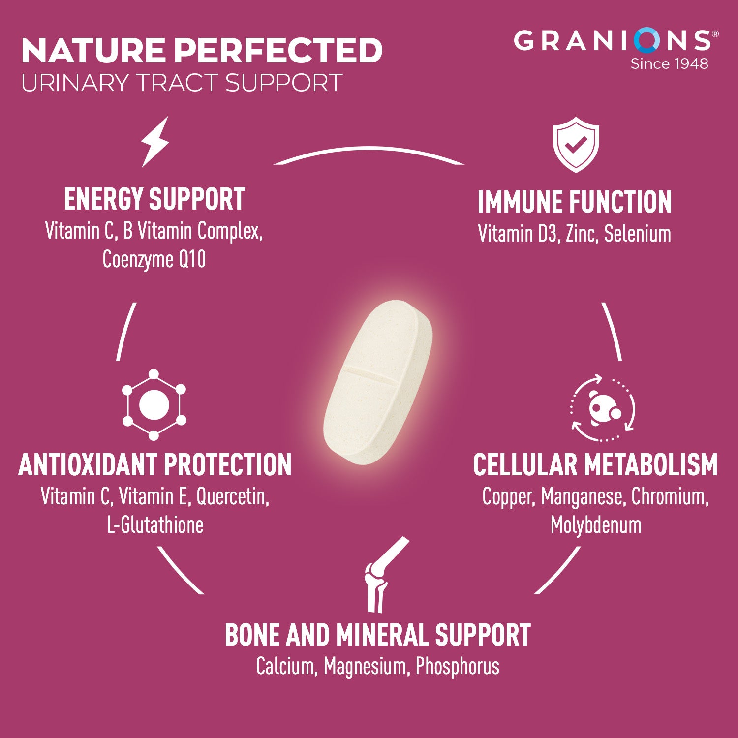 An informational graphic for Granions Nature Perfected urinary tract support, featuring a central white pill surrounded by five benefit callouts on a magenta background: energy support, immune function, antioxidant protection, cellular metabolism, and bone and mineral support.