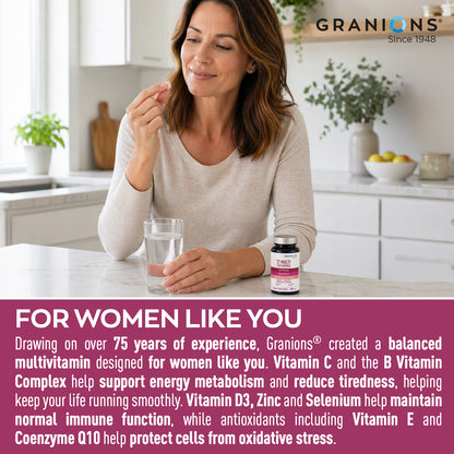 A woman in a beige sweater sits at a kitchen table holding a pill and looking at a glass of water, with a bottle of Granions dietary supplement in front of her. A large magenta text banner overlays the bottom half of the image with product information for women's health.