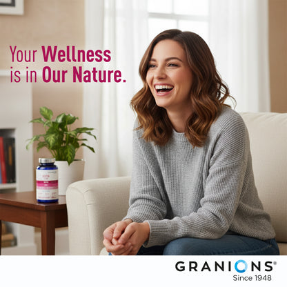 Woman sitting on a couch with Granions products in the background, featuring the brand's tagline.