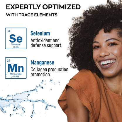 Woman with a smile, elements of selenium and manganese, and water droplets on a white background