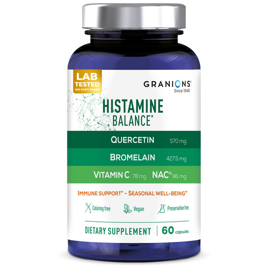 Supplement bottle labeled 'Histamine Balance' by Granions on a white background