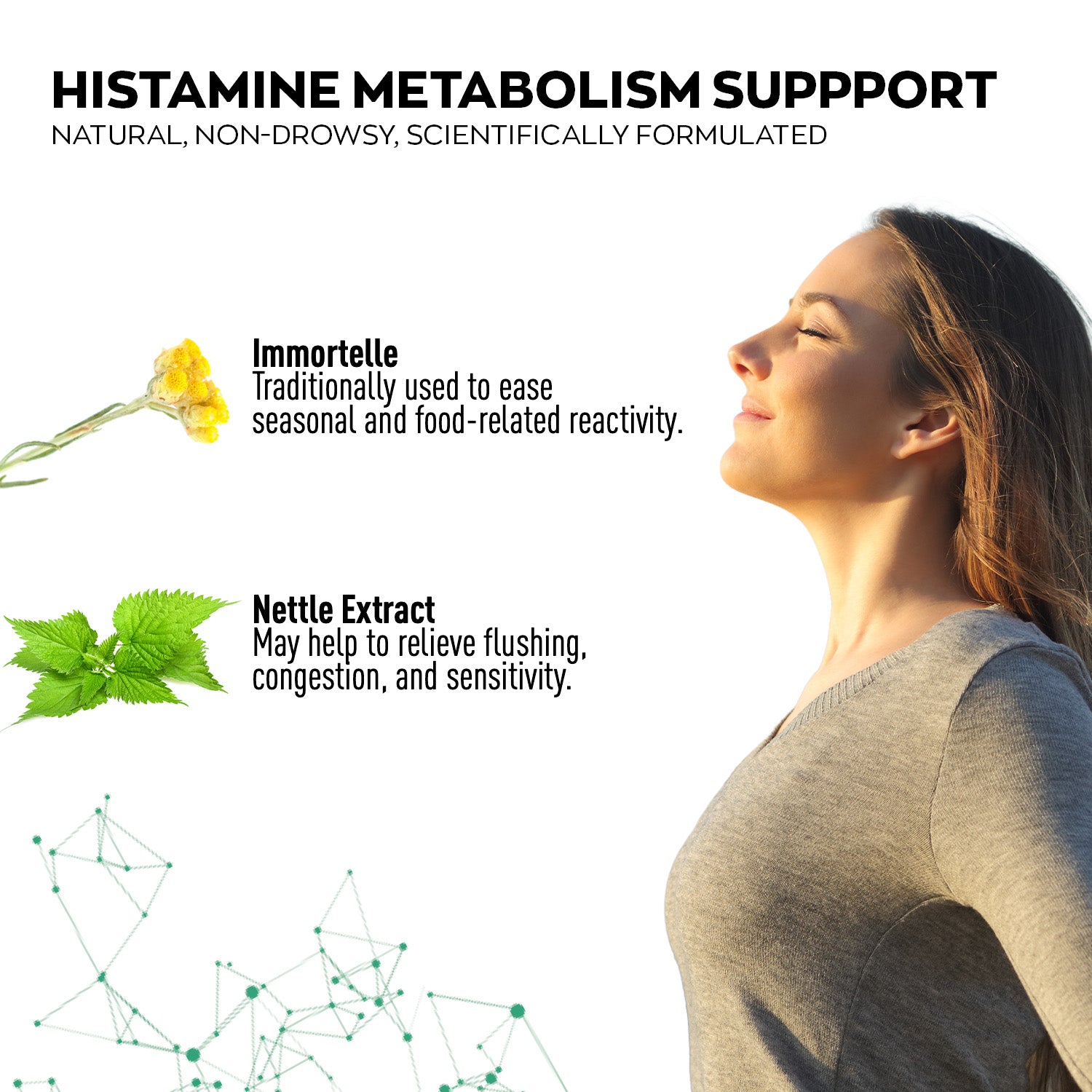 Advertisement for histamine metabolism support with a woman and natural elements on a white background