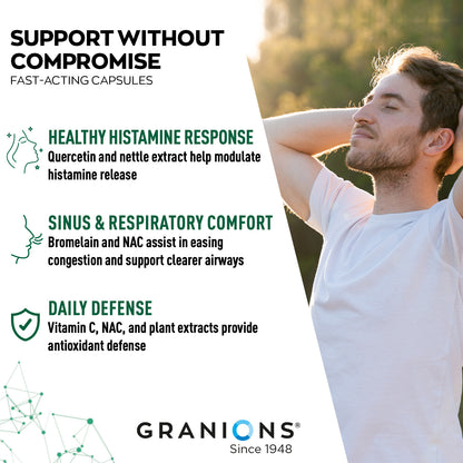 Advertisement for Granions with a man relaxing outdoors, highlighting product benefits.