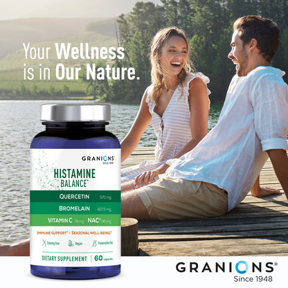 Supplement bottle labeled 'Histamine Balance' by Granions with a couple sitting by a lake in the background.