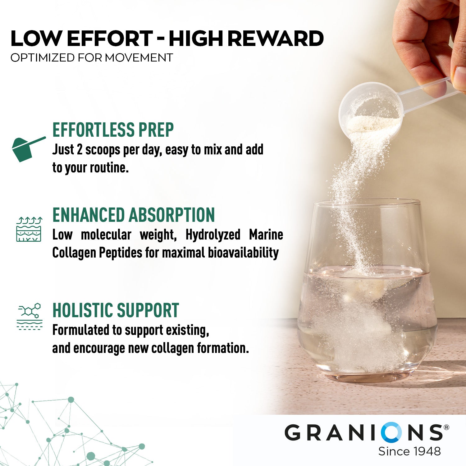 Granions Chondrosteo+ powder being poured into a glass of water. Highlights include effortless prep with 2 scoops per day, enhanced absorption from hydrolyzed marine collagen peptides, and holistic support for collagen formation. Clean, modern layout with icons and branded footer.