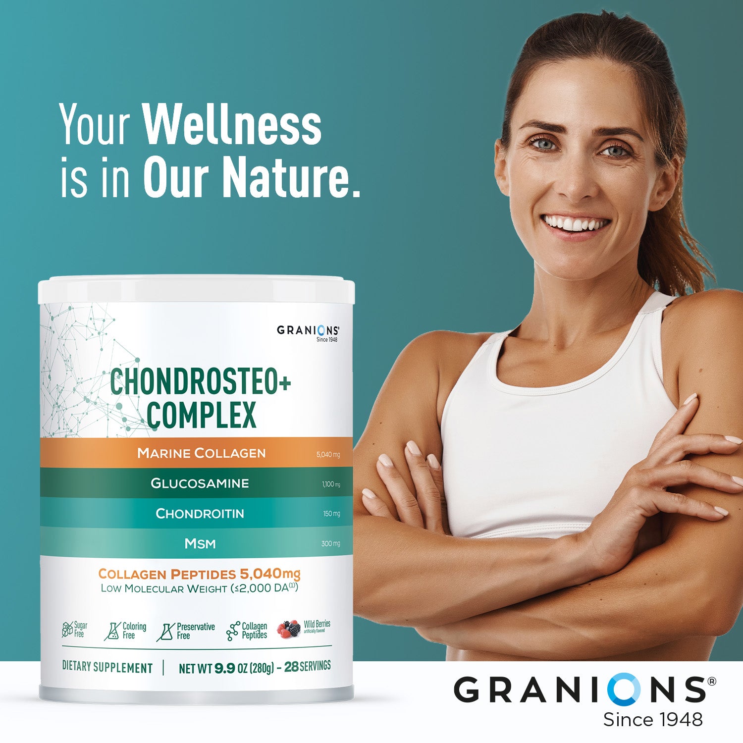 Granions Chondrostoéo+ Complex supplement container with a woman posing against a teal background