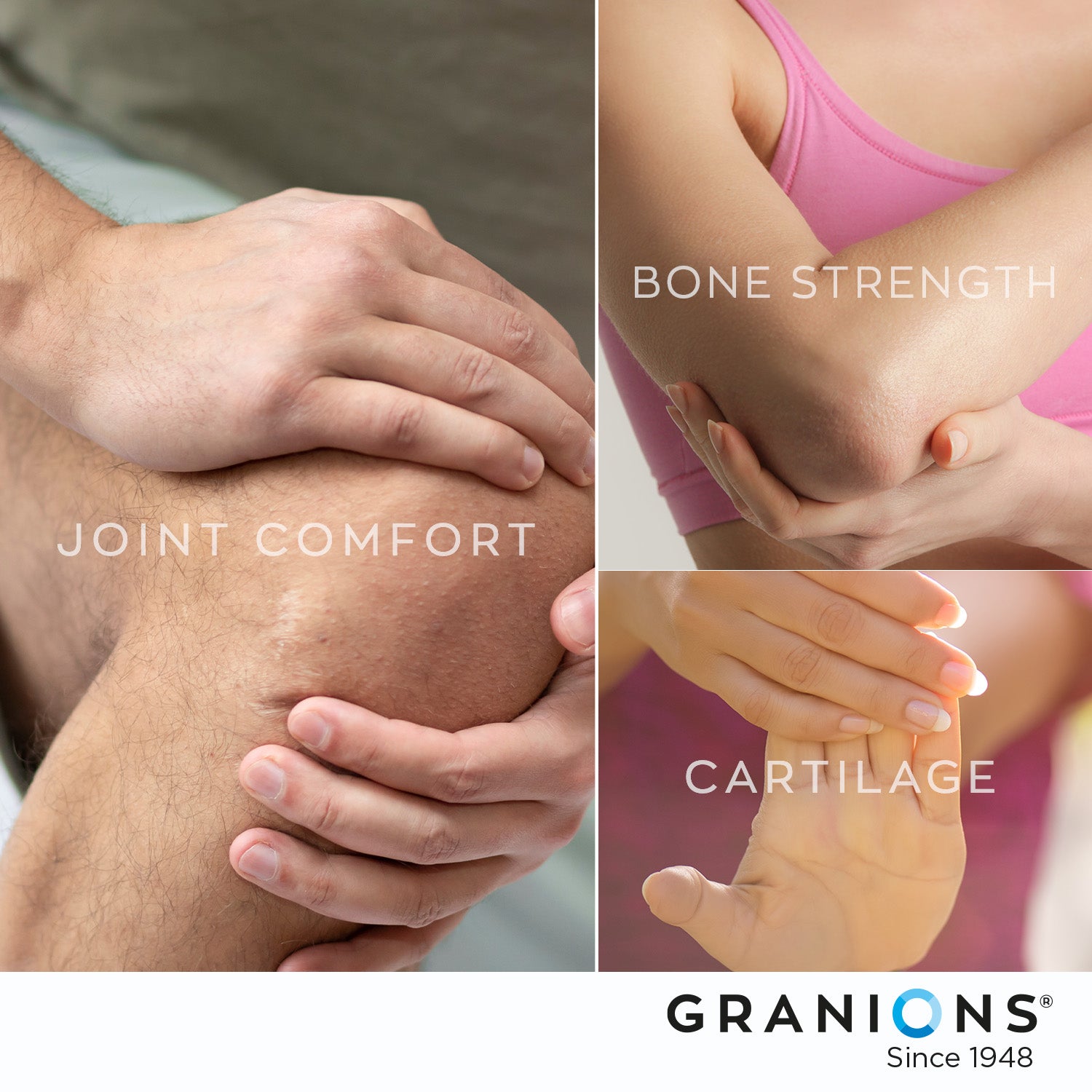 Collage of images showing joint comfort, bone strength, and cartilage with Granions branding.