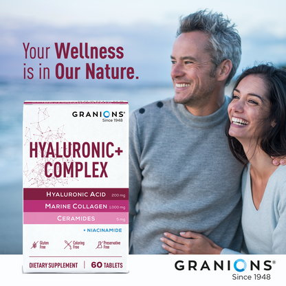 Granions Hyaluronic+ Complex supplement box with a couple smiling in the background