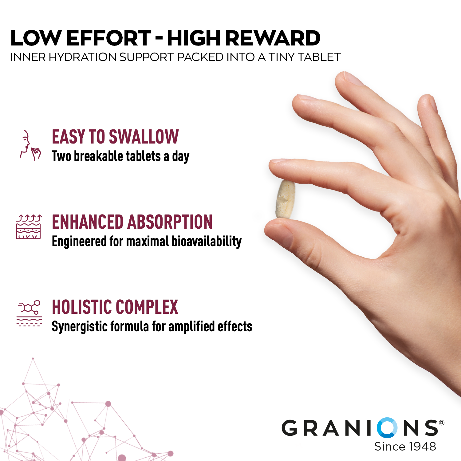 Hand holding a tablet with Granions branding and product features on a white background