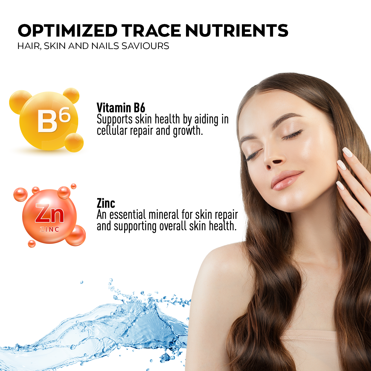 Advertisement for optimized trace nutrients with a woman touching her face and vitamins B6 and Zinc displayed.