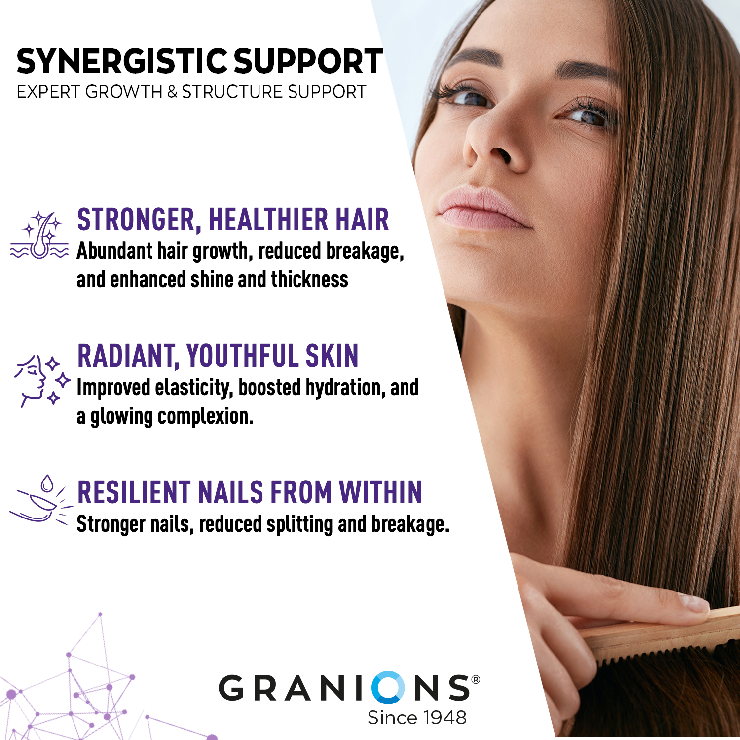 Woman brushing her hair with text about synergistic support for hair, skin, and nails, and Granions brand logo.