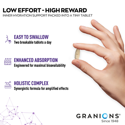 Hand holding a tablet with product features and Granions branding on a white background