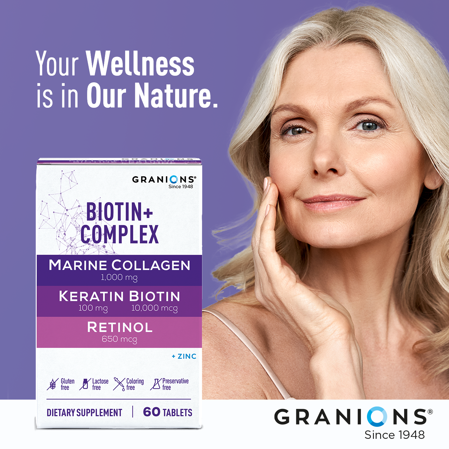 Granions Biotin Complex supplement box with a woman touching her face on a purple background