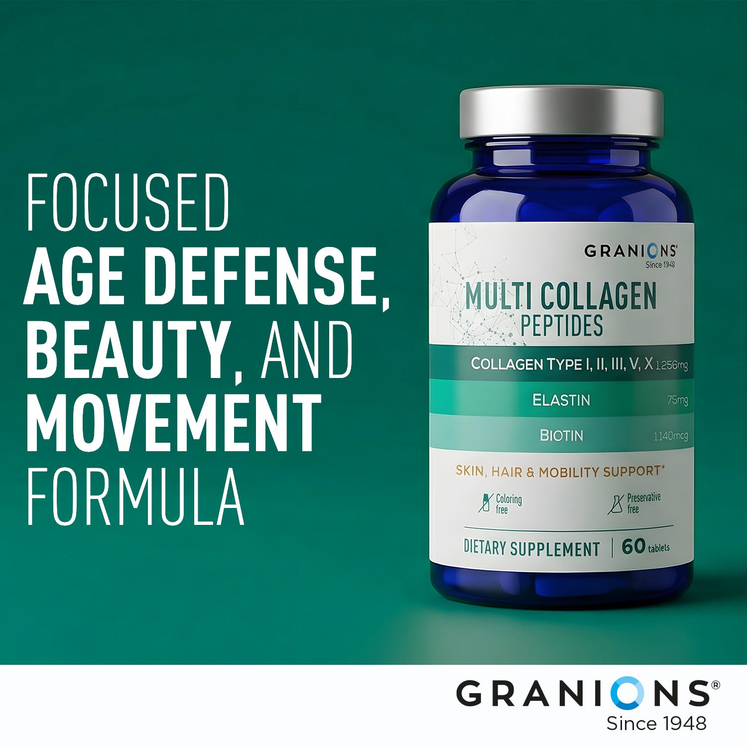 Granions Multi Collagen Peptides supplement bottle on a green background with text about focused age defense, beauty, and movement.