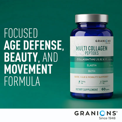 Granions Multi Collagen Peptides supplement bottle on a green background with text about focused age defense, beauty, and movement.