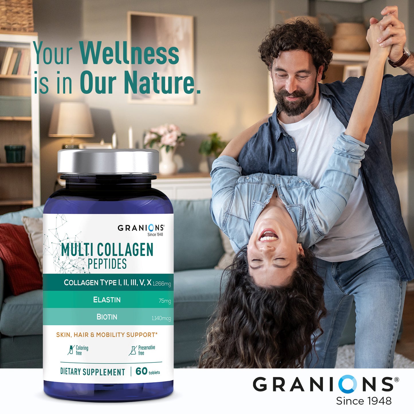 Granions Multi Collagen Peptides supplement bottle with a couple in a living room setting.