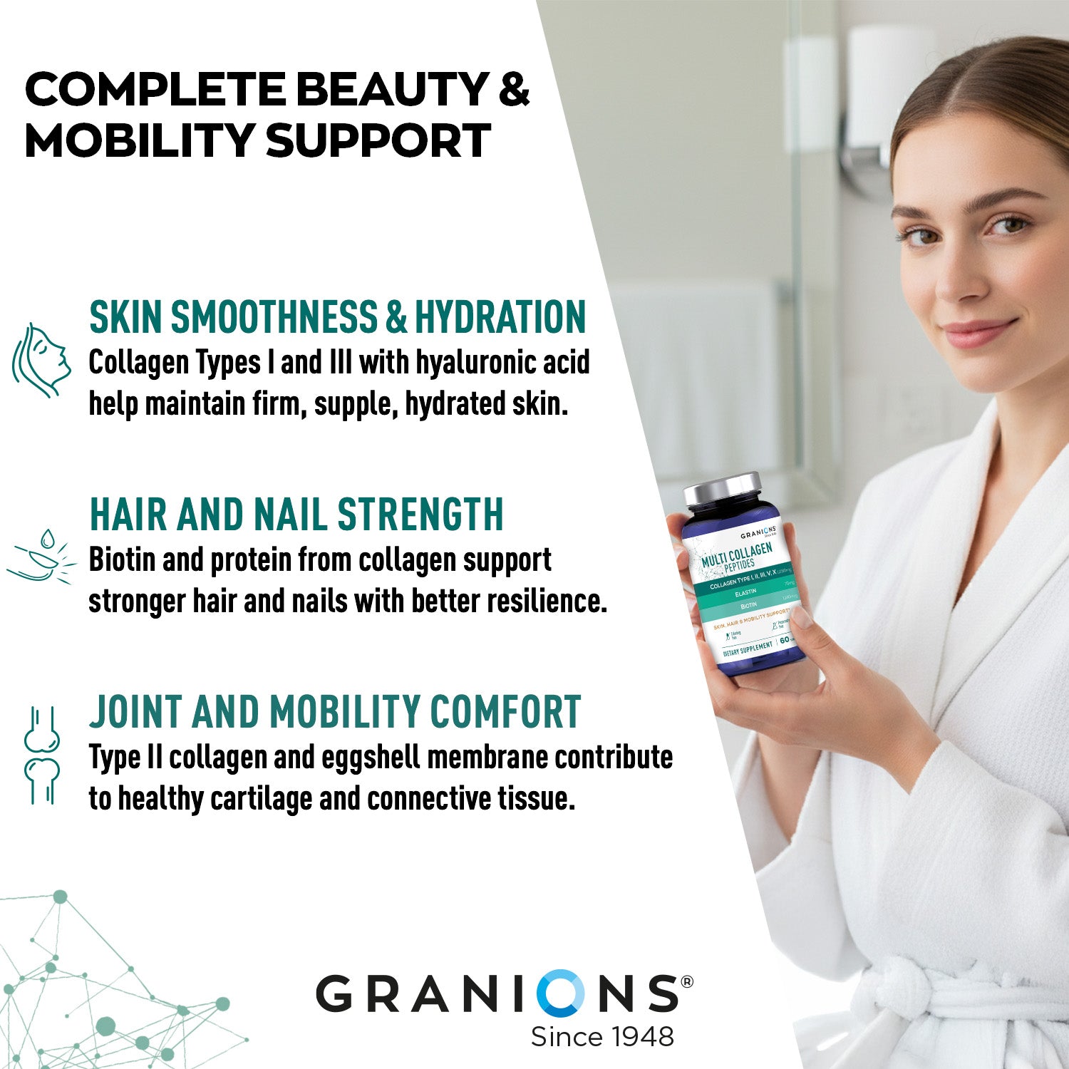 Woman holding a Granions supplement bottle with product details on a white background