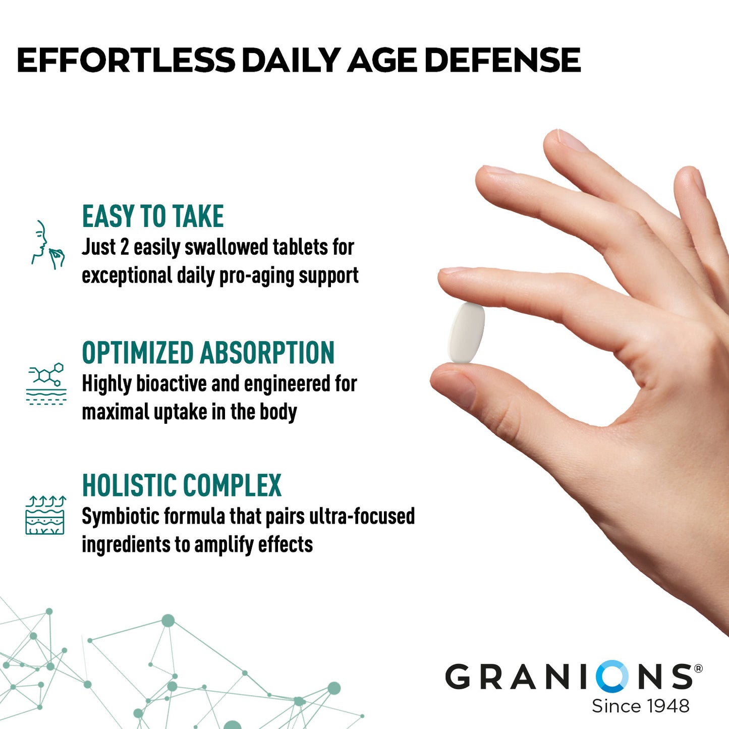 Hand holding a tablet with Granions branding and product features listed.