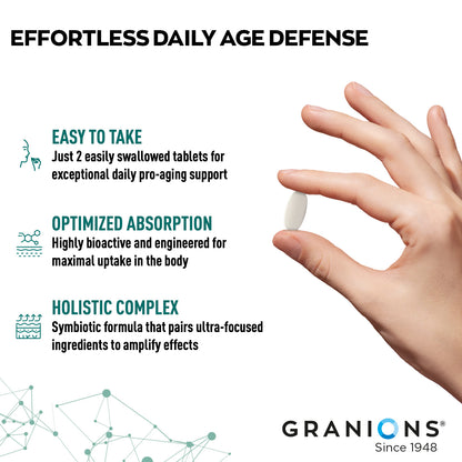 Hand holding a tablet with Granions branding and product features listed.